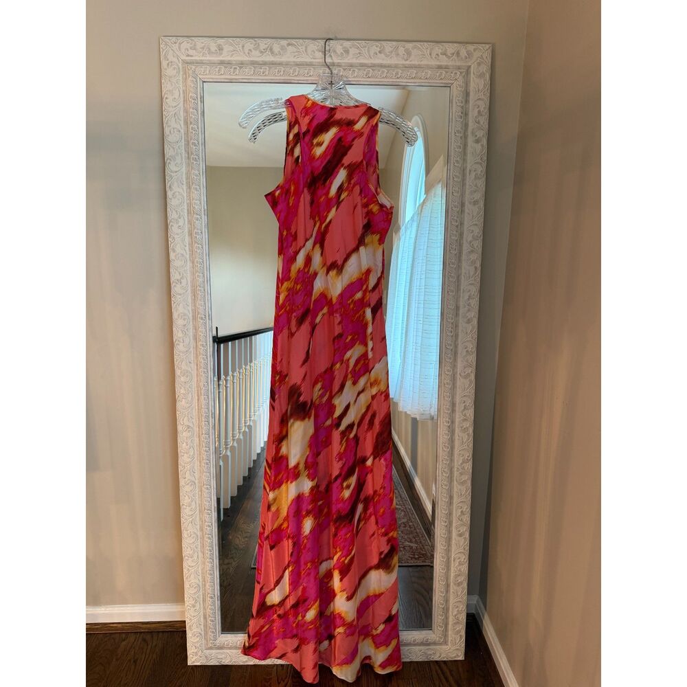 Calvin Klein 100% Silk Abstract Maxi Dress Pink Coral Sleeveless M - Picture 2 of 5